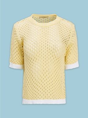 NWT Astrid Pale Yellow Open-Knit Short Sleeve Sweater with White Trim